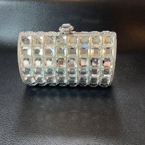 INS Rectangle Rhinestone Clutch with Silver Attachable Chain